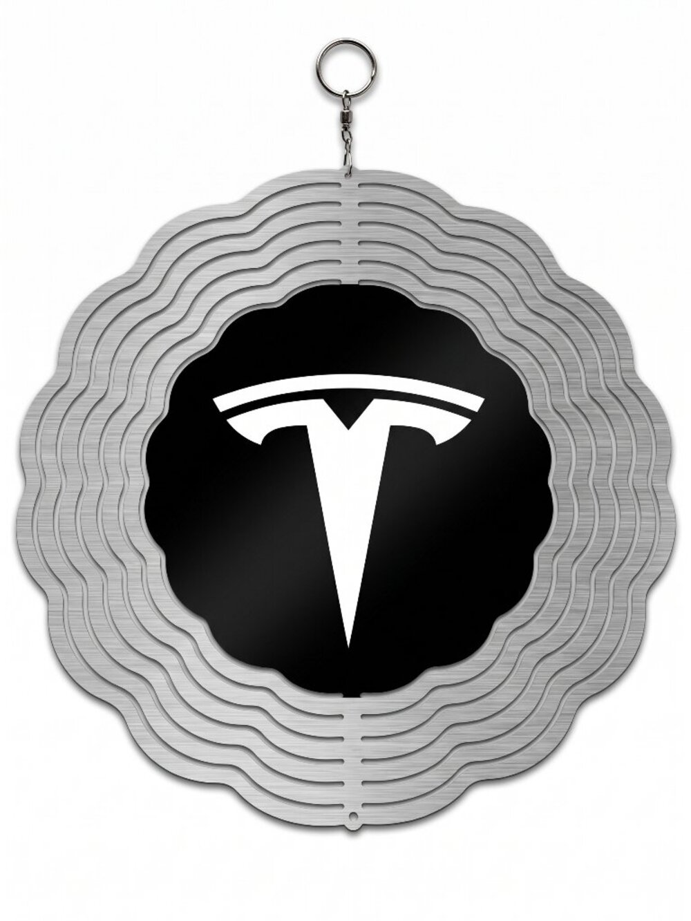 10" Tesla T Logo Kinetic Wind Spinner - Brushed Metal Hanging Yard Decor